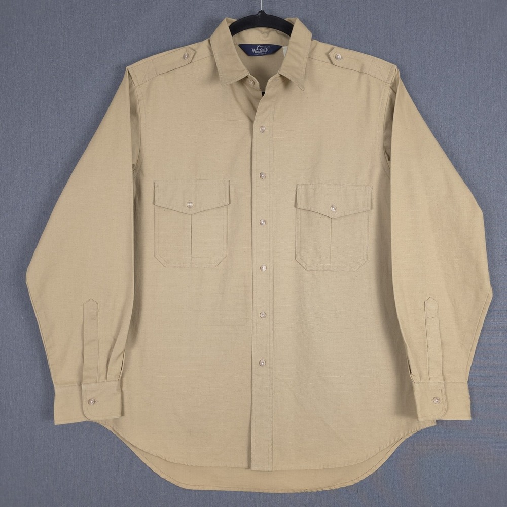 Vintage Woolrich Utility Shirt Mens Large Khaki Ripstop Long Sleeve Safari Work